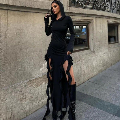 Long Sleeve Hooded Irregular Dress Women