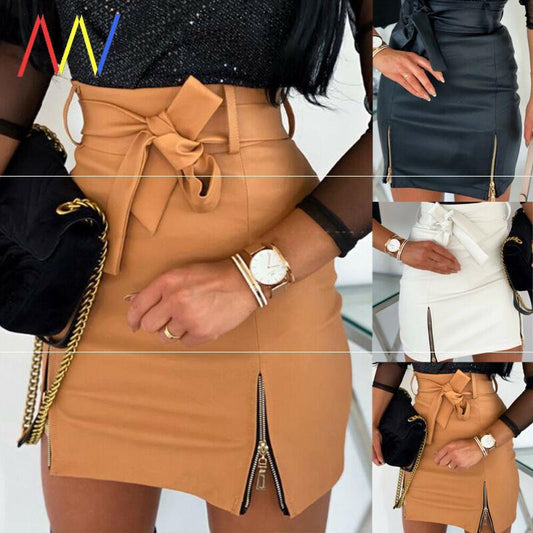 Bandage PU Leather Skirt Ladies Short Mini Skirts