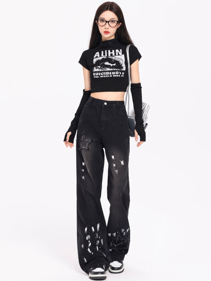 Embroidered Jeans Autumn And Winter New High Waist Splash-ink Wide Leg Straight Mop Pants