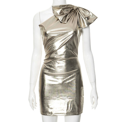 Bow Shoulder Metallic Tight Dress