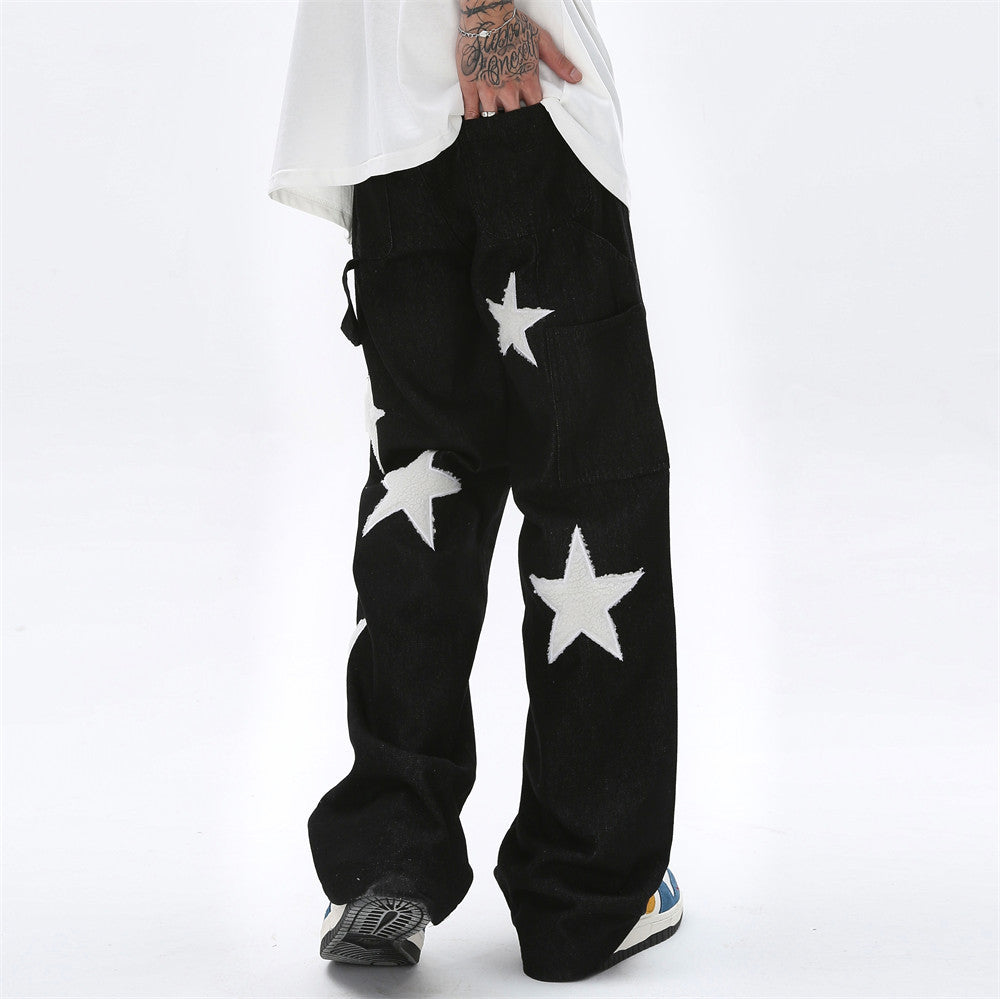 Five Pointed Star Flocking Embroidered Jeans For Men