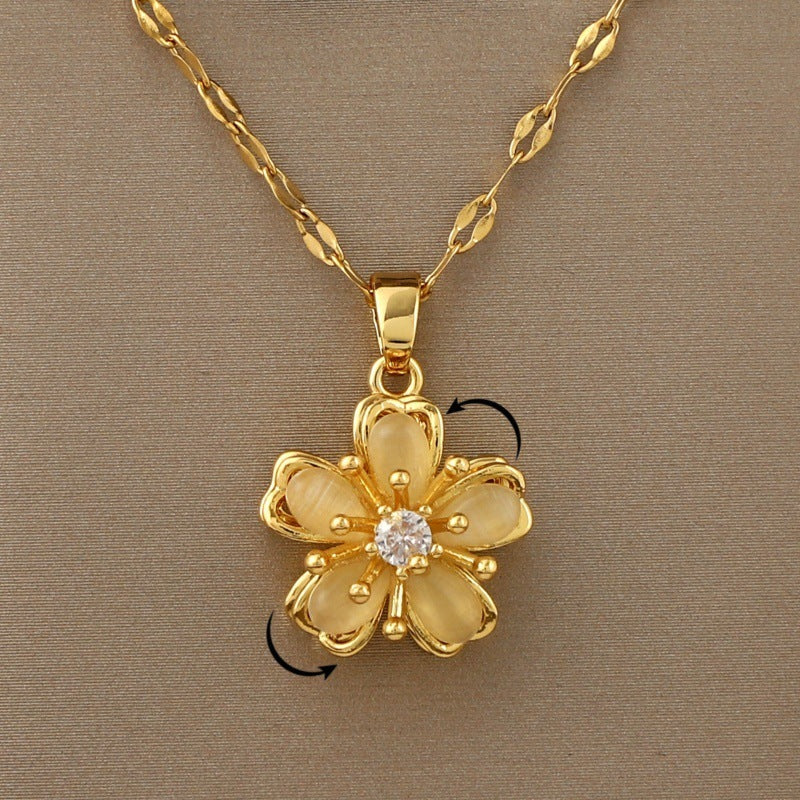 Rotating Opal Five Petal Flower Pendant Necklace Exquisite Niche