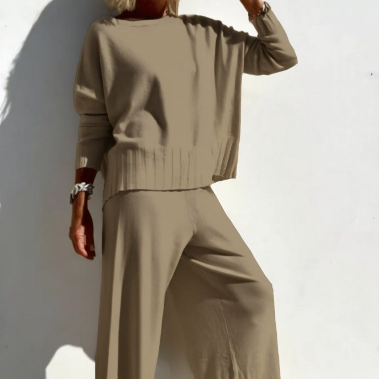 Knitted Wide-leg Pants Suit Sweater Pullover Women's Casual Trousers Suit